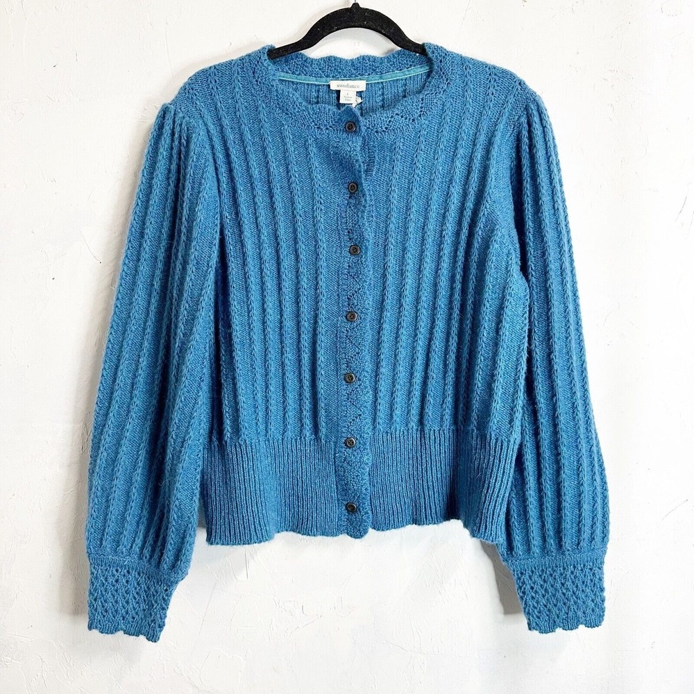 Sundance Alpine Knit Cable Button Cardigan Womens Large NEW Wool Blue